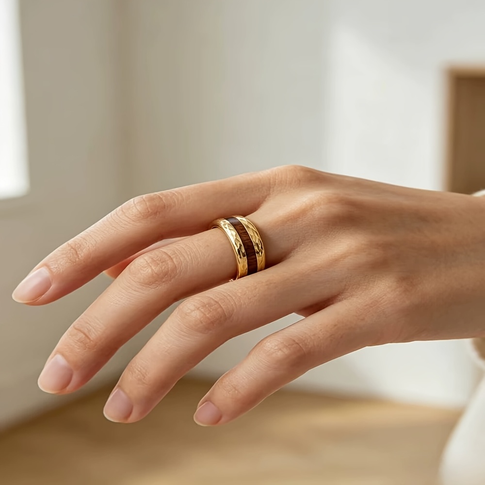 Men's 18K Gold Plated Wood Grain Ring, Waterproof Design